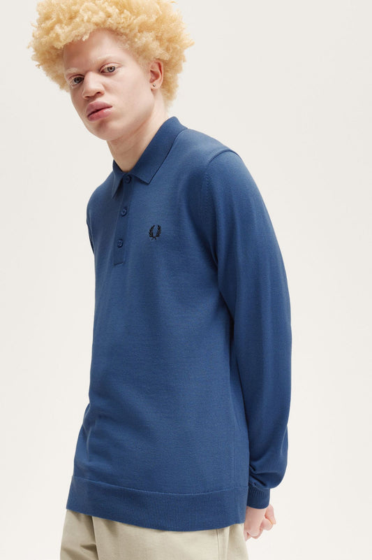 Fred Perry Long Sleeve Knitted Shirt Midnight Blue