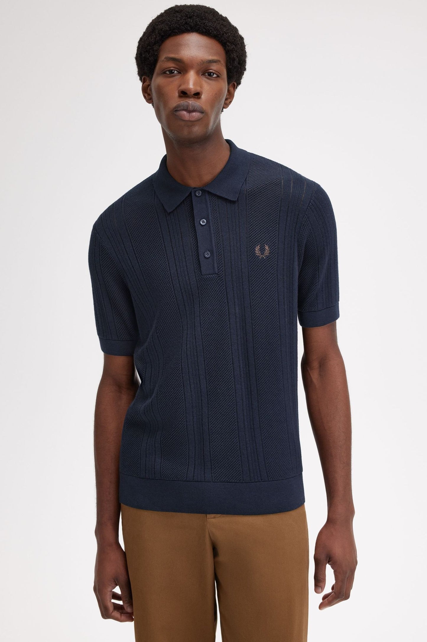 Fred Perry Pointelle Panel Knitted Shirt Navy