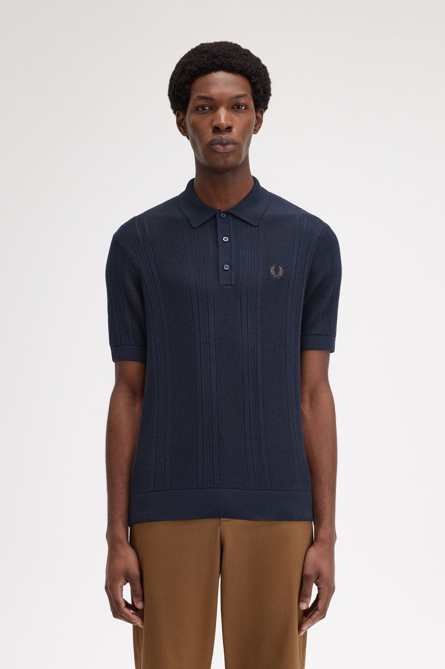 Fred Perry Pointelle Panel Knitted Shirt Navy