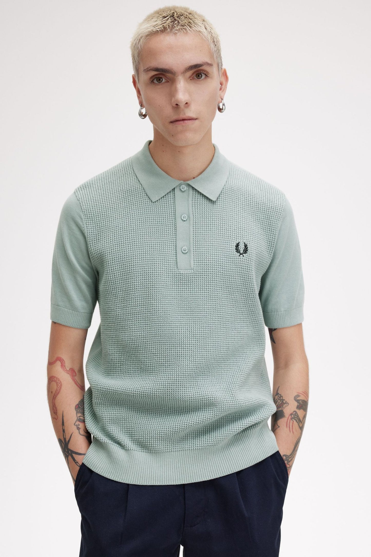 Fred Perry Waffle Stitch Knitted Shirt Silver Blue