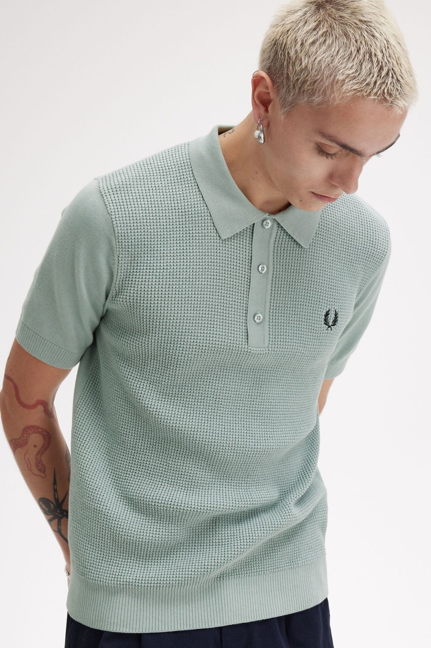 Fred Perry Waffle Stitch Knitted Shirt Silver Blue