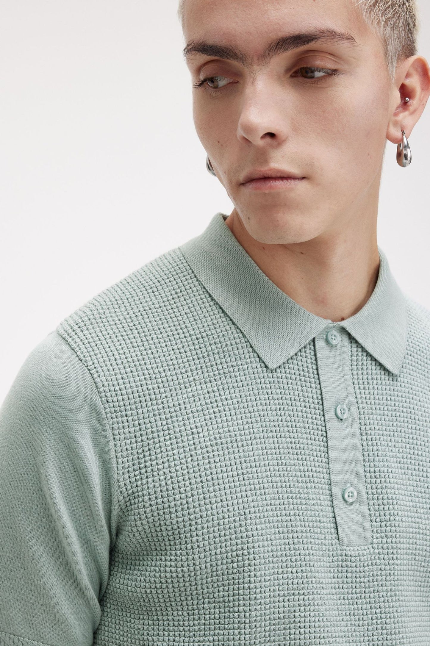 Fred Perry Waffle Stitch Knitted Shirt Silver Blue